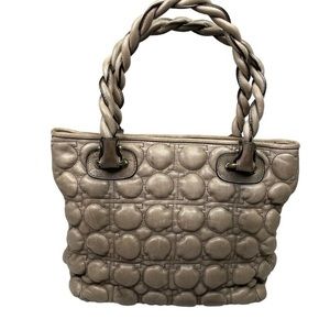 Salvatore Ferragamo Puffer Logo All-Over Woven Handle Greystone Leather Tote Bag